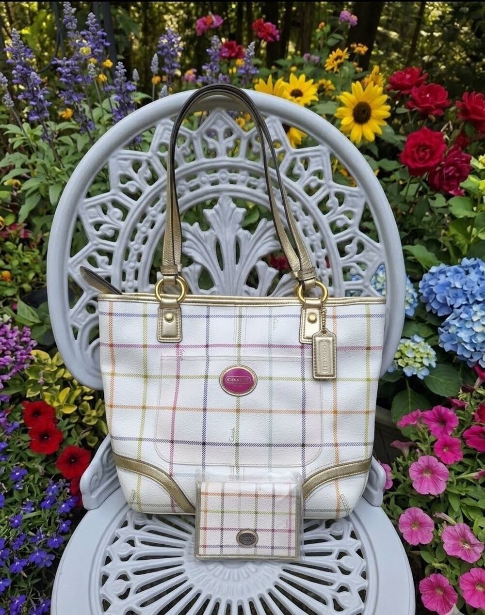 🌟 NWOT Coach Peyton Tattersall Plaid Tote Bag & Matching Wallet Set 🌟